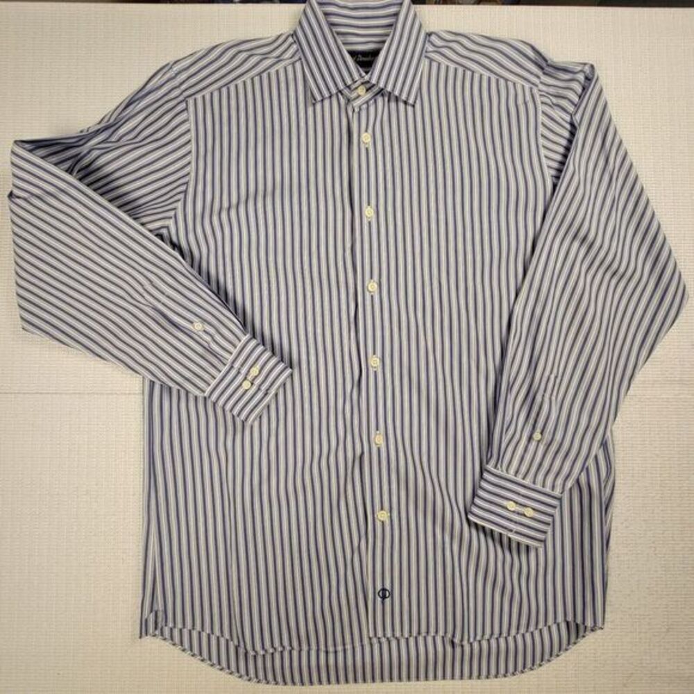 David Donahue Dress Shirt Men's Size 16 Blue Stripe Long Sleeve‎ Button Up